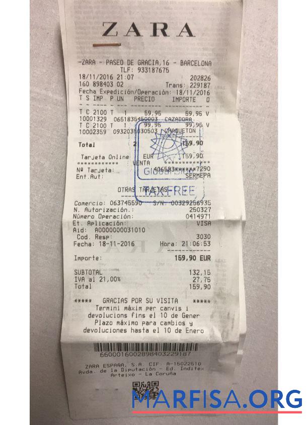 Realistic Zara store payment receipt sample